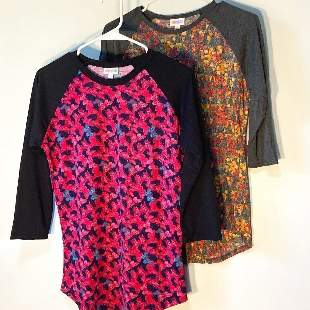 LulaRoe SZ XS - (2) NWOT Comfy Longline raglan sleeve t-shirts bright printed